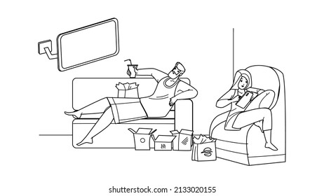 Lazy Man And Woman Resting Together Home Black Line Pencil Drawing Vector. Lazy Guy Sitting On Sofa, Eating Fast Food And Watching Tv, Girl Sit In Armchair And Using Smartphone. Characters Enjoyment