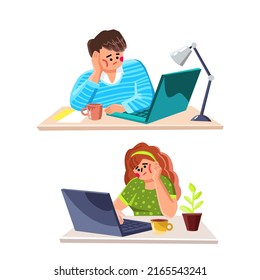 Lazy Man And Woman Working On Computer Vector. Lazy And Bored Manager Boy And Girl Sitting At Workspace And Work In Digital Laptop. Characters Employees Boring Job Flat Cartoon Illustration