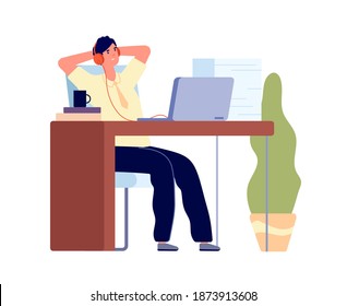 Lazy manager. Business concept, man procrastination at work. Busy male listen music, tired bored guy in anticipation utter vector character