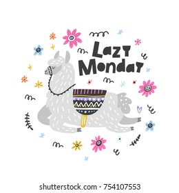 Lazy Monday lama vector illustration. Drawing for prints on t-shirts and bags, stationary or poster.