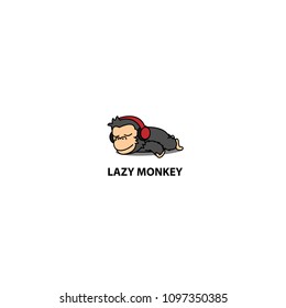 Lazy monkey, cute chimpanzee sleeping with headphones icon, logo design, vector illustration