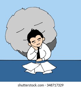 Lazy monster has power over office man, vector hand drawn cartoon