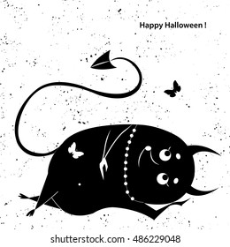 Lazy monster watching for butterflies, greeting card Happy Halloween