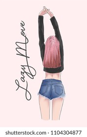 lazy move slogan with girl stretching out illustration lazy move slogan with girl stretching out illustration