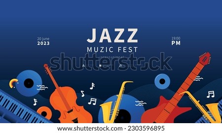 Lazy music background. Jazz poster with instruments, night band horizontal web banner, concert flyer with copy space, festival party elements. Orchestra graphic cover. Vector abstract concept