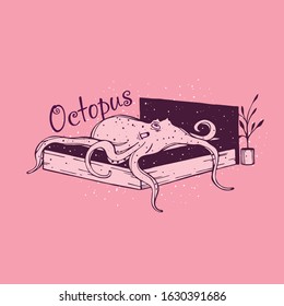 A lazy octopus is lying on the bed next to a flower. Space.