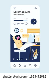 Lazy office person procrastinating at workplace, chatting on cellphone online, ignoring important notes on computer. Vector illustration for leisure time at work, time management failure concept