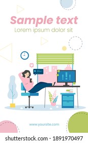 Lazy office person procrastinating at workplace, chatting on cellphone online, ignoring important notes on computer. Vector illustration for leisure time at work, time management failure concept