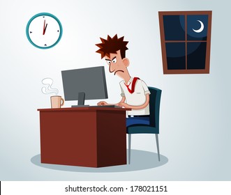 lazy office worker get grumpy when working overtime