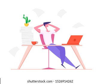 Lazy Office Worker with Hands behind of Head Sit in Office at Desk. Useless and Relaxing Man Doing Nothing or Taking Break from Work in Workstation Businessman Resting. Flat Vector Illustration