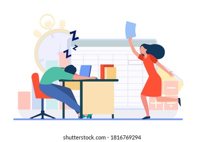 Lazy office worker. Man sleeping at workplace, colleague with paper running to him flat vector illustration. Burnout, fatigue, tired employee concept for banner, website design or landing web page