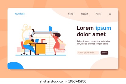 Lazy office worker. Man sleeping at workplace, colleague with paper running to him flat vector illustration. Burnout, fatigue, tired employee concept for banner, website design or landing web page