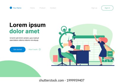 Lazy office worker. Man sleeping at workplace, colleague with paper running to him flat vector illustration. Burnout, fatigue, tired employee concept for banner, website design or landing web page