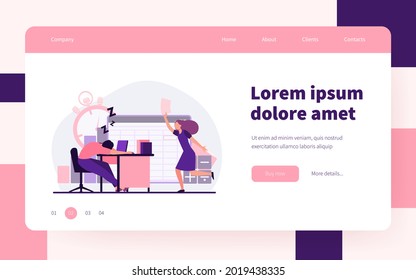 Lazy office worker. Man sleeping at workplace, colleague with paper running to him flat vector illustration. Burnout, fatigue, tired employee concept for banner, website design or landing web page