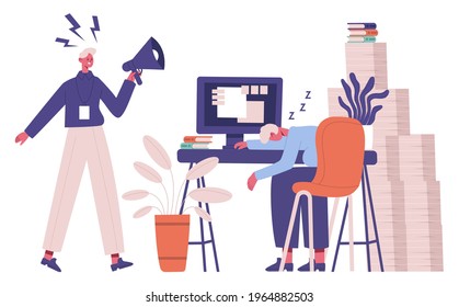 Lazy office worker. Unorganised manager tired from routine office work and angry boss vector illustration. Sleeping businessman office character. Office worker with document, lazy and unorganized