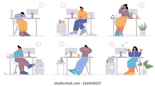 Lazy Office Workers Procrastination, Postpone Work Isolated Set. Managers Men And Women Sitting And Lying At Desk With Pc, Sleep, Relax, Speak By Phone Instead Of Job Line Art Flat Vector Illustration