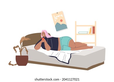 Lazy overweight girl lying in bed with smartphone in hands chatting and scrolling media at home. Bad habits and physical inactivity concept. Cartoon flat vector illustration