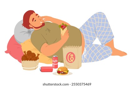 Lazy overweight man character eating junk fast food lying on pillows