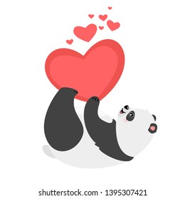 Lazy panda bear holding heart illustration. Asian rainforest cute animal showing love. Wild playful baby mammal cartoon character. Valentines Day greeting card. Jungle, children book drawing