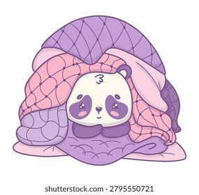 Lazy Panda Bear Resting Under Huge Pile Of Weighted Blankets With Head On Paws. Kawaii Vector Illustration Of Cute Cozy Cartoon Animal. Rest, Sweet Sleep and Mental Health