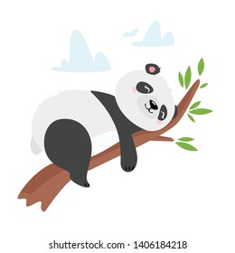 Lazy panda bear sleeping on tree branch illustration. Asian rainforest adorable animal resting. Wild cute baby mammal cartoon character dreaming. Jungle, forest wildlife, zoo children book drawing