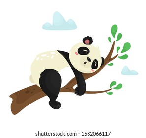 A lazy panda bear sleeps on a tree branch. Asian cute animal is resting. Baby panda dreams in a dream. Vector illustration in cartoon flat style.