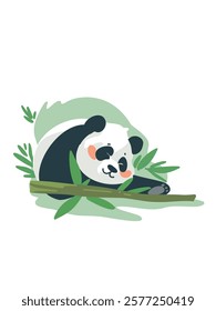 Panda perezoso disfrutando de bambú, Ilustración vectorial 