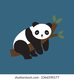 lazy panda on branch with green leaf 