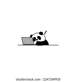 Lazy panda sleeping on laptop cartoon, vector illustration