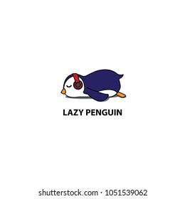 Lazy penguin, cute penguin sleeping with headphones icon, logo design, vector illustration