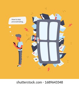 Lazy Pensive Guy Holds A Phone In His Hands, Next To Him A Door That Is Bursting With Unfinished Urgent Business And Tasks. Vector Illustration In Flat Cartoon Style