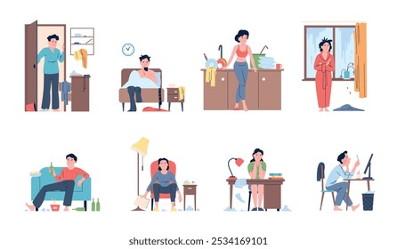 Lazy people. Person have mess and disorder at home, slobs characters. Men women spend time in bed, with drinks on sofa, sleep in chair, recent vector set