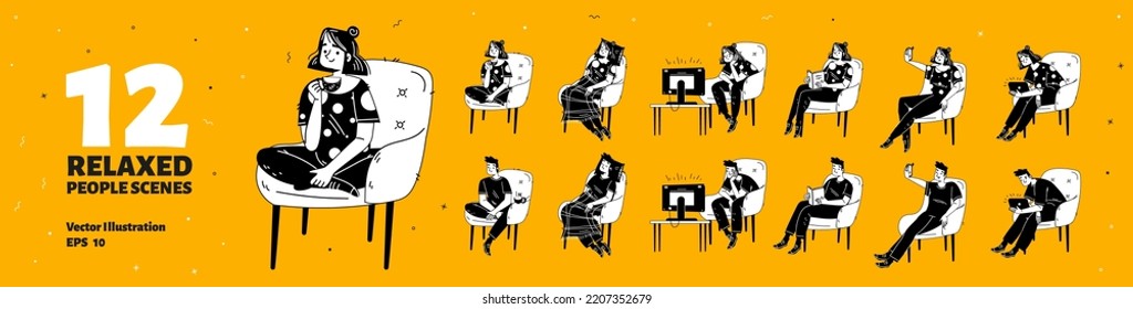 Lazy people relax in chair at home. Man and girl characters sleep, drink coffee, read book, watch tv and take selfie on mobile phone, vector black and white hand drawn illustration