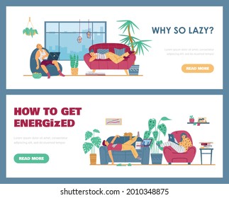 Lazy people relax lying on sofa or armchair and watching online video on laptop computer. Tired cartoon characters spend time rest at home. Vector illustrations. Design for web