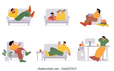 Los perezosos se relajan en el sofá de casa. El hombre deja las cosas para más tarde y siesta en el cargo. Ilustración vectorial plana de personajes tumbados en el sofá con teléfono, descanso, chica con laptop y libros, persona durmiendo en el escritorio