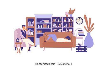 Lazy people relaxing in living room full of exquisite furniture. Man and woman spending time at home and lazing around. Laziness and idleness. Colorful vector illustration in trendy flat style.