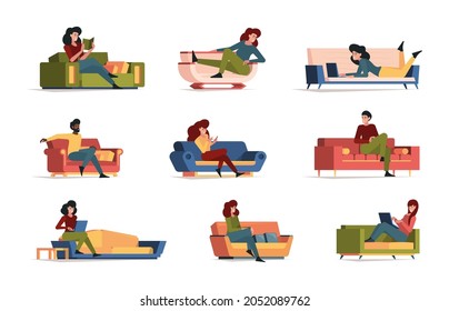 Lazy people. Relaxing persons rest on couch sleeping characters garish vector colored flat furniture illustrations