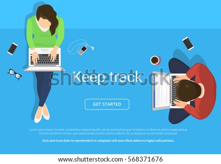 Lazy people sitting on the floor and working with laptop in social networks. Flat illustration top view of woman and man relaxing at home, drinking coffee using laptop and typing comments in community