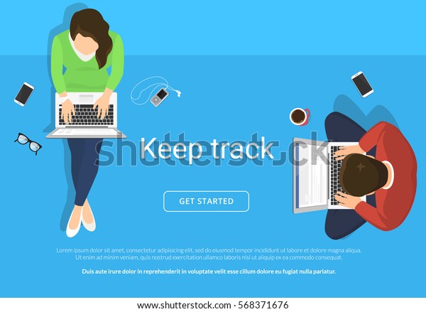 Lazy people sitting on the floor and working
with laptop in social networks. Flat illustration top view of woman
and man relaxing at home, drinking coffee using laptop and typing
comments in community