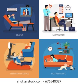 Lazy people at work and at home compositions including housewife on sofa sitting lifestyle isolated vector illustration 