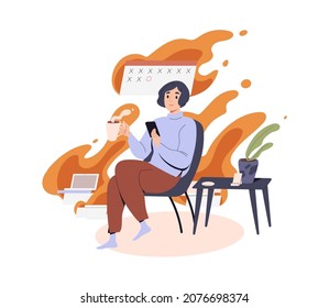 Lazy person procrastinate, postpone businesses, breake deadlines. Procrastination concept. Careless idle unproductive woman indifferent to work. Flat vector illustration isolated on white background