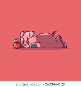 Lazy Pig Character lying on the floor looking at an apple vector illustration. Mascot, funny design concept.
