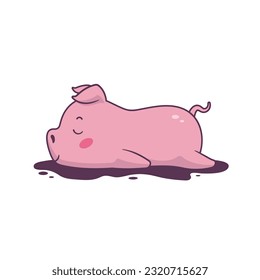 Lazy piglet sleeping in a puddle of mud vector cartoon illustration