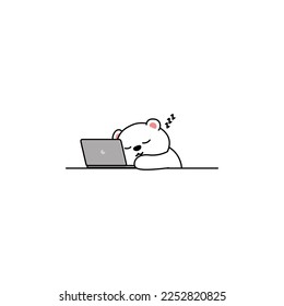 Lazy polar bear sleeping on laptop cartoon, vector illustration