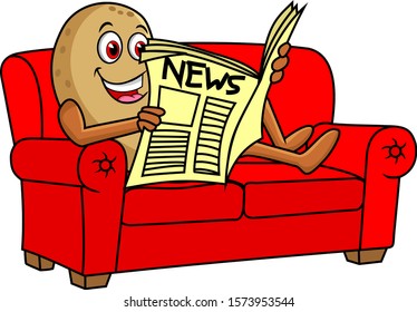 lazy potato sitting on the couch and reading newspaper vector cartoon