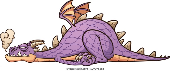 Lazy purple dragon laying down. Vector clip art illustration with simple gradients. All in a single layer.