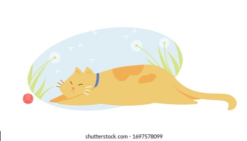 Lazy red cat lies on a blue background with dandelions. Funny cartoon style. Vector illustration.