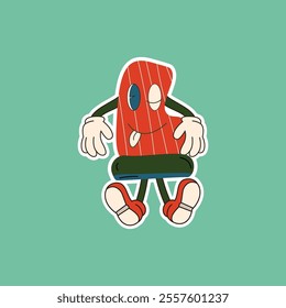 A lazy red sock character with arms and legs, wearing red shoes and sticking out its tongue. Perfect for fun, playful designs related to clothing, fashion, and winter.