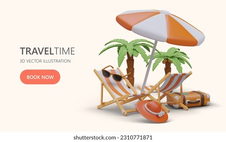 Lazy rest on beach. Comfortable conditions for sunbathing in tropical country. Romantic vacation for couple. Cute advertising banner for web design. Format with illustration, text, button