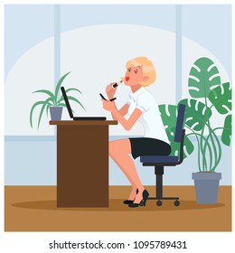 Lazy secretary doing makeup at workplace. Cartoon vector illustration